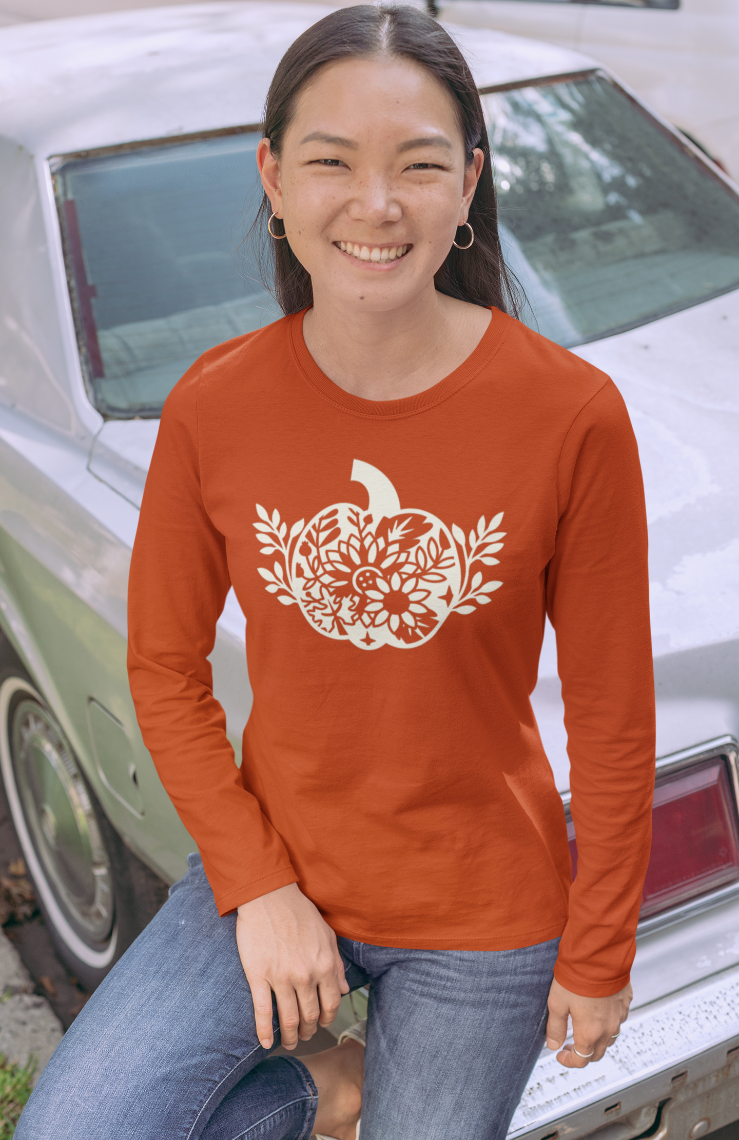 Pumpkin with Sunflower Long Sleeve Shirt - women